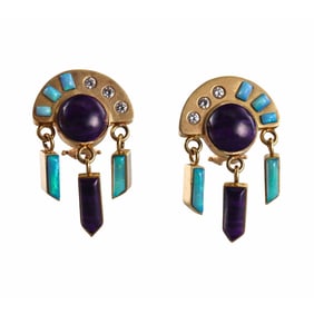 Artisanal 18k Gold Turquoise Sugilite Diamond Drop Earrings