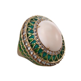 18k Gold Plique a Jour Enamel Coral Diamond Topaz Cocktail Ring