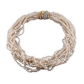 1960s 18k Gold Pearl Diamond Multi Strand Necklace