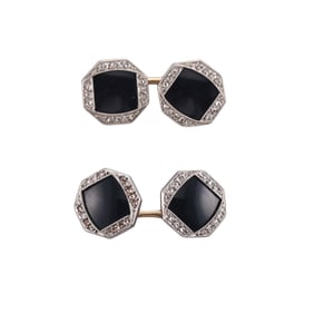 Art Deco Onyx Rose Cut Diamond 14K Gold Platinum Cufflinks