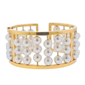 Assael Pearl Gold Wide Bangle Bracelet