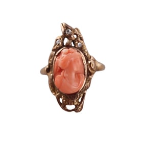 Antique Victorian 14k Gold Diamond Coral Cameo Ring