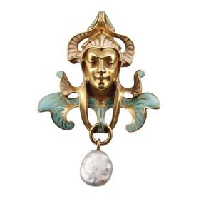 French 18k Gold Enamel Pearl Pendant