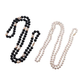 14k Gold Pearl Onyx Necklace Lot of 2