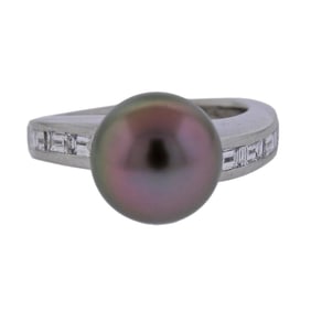Mikimoto 11.4mm Tahitian South Sea Pearl Diamond Platinum Ring