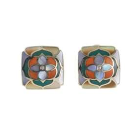Asch Grossbardt MOP Chrysoprase Coral Inlay Diamond Gold Earrings