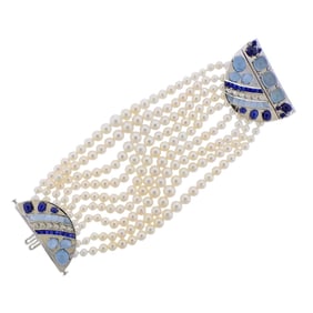 Seaman Schepps Sapphire Aquamarine Diamond Pearl Gold Bracelet