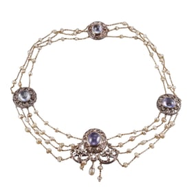 Antique French Gold Silver Sapphire Diamond Pearl Necklace