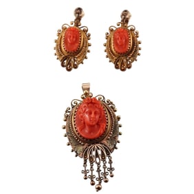 Antique Victorian 14k Gold Coral Cameo Brooch Pendant Earrings Set