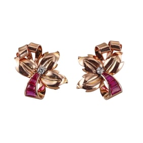 Retro 18k Gold Diamond Ruby Flower Earrings