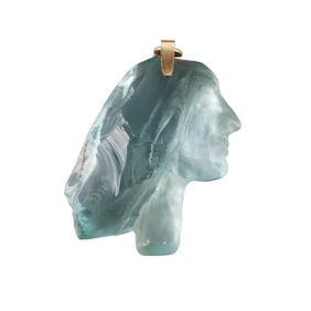 14k Gold Carved Blue Glass Lady's Profile Large Pendant