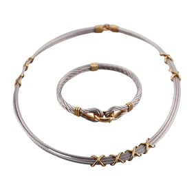 Fred Paris 18k Gold Force 10 Steel Cable Necklace Bracelet Set