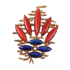 1970s 18k Gold Lapis Coral Large Brooch Pendant
