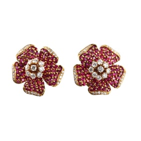Asprey Vintage 18k Gold Ruby Diamond Flower Earrings