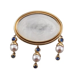 Elizabeth Locke 18k Gold Carved MOP Sapphire Pearl Brooch