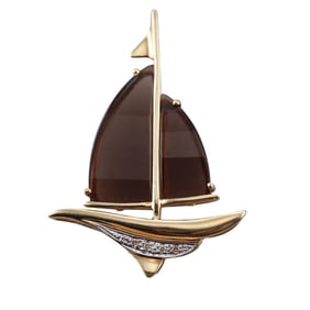 14k Gold Smoky Quartz Diamond Sailboat Pendant Brooch