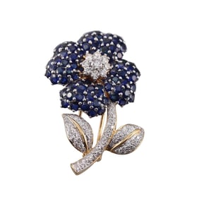 18k Gold Sapphire Diamond Flower Brooch Pin