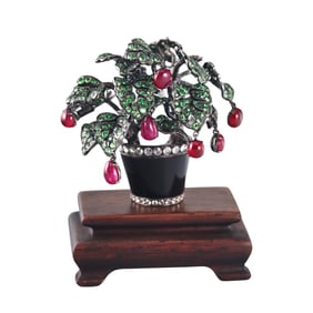 18k Gold Tsavorite Garnet Ruby Diamond Enamel Brooch on Decorative Stand