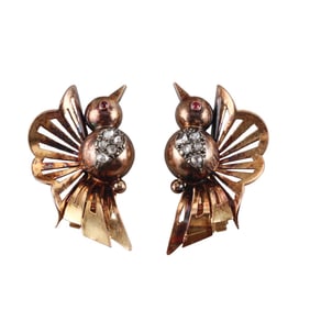 Retro 18k Gold Diamond Ruby Bird Earrings