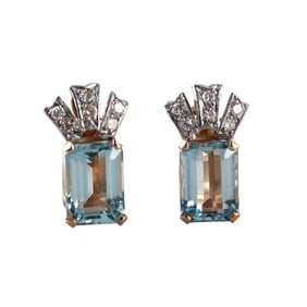 Retro 14k Gold 7ctw Aquamarine Diamond Earrings
