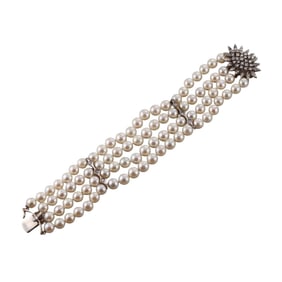 Midcentury 14k Gold Diamond Pearl Bracelet