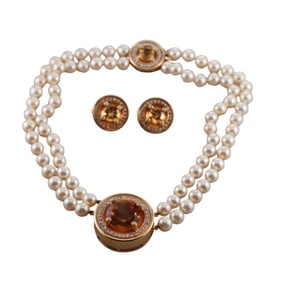 14k Gold Pearl Citrine Diamond Earrings Necklace Set