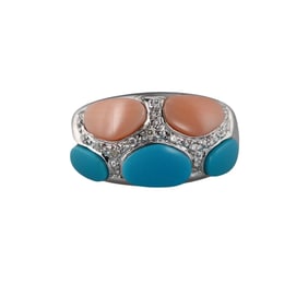 14k Gold Diamond Coral Turquoise Ring