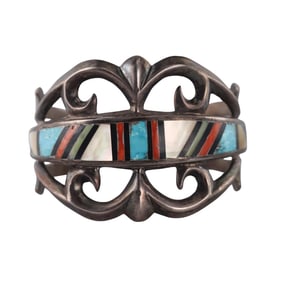 Native American Sandcast Sterling Coral Turquoise MOP Inlay Bracelet