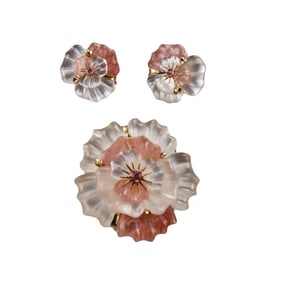 Kanaris 18k Gold Crystal Flower Earrings Brooch Set