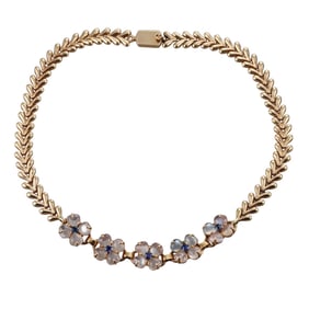Retro 14k Gold Montana Sapphire Moonstone Flower Choker Necklace