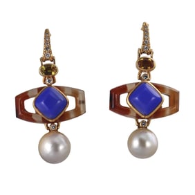 18k Gold Chalcedony Diamond Agate Pearl Drop Earrings