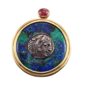 18k Gold Ancient Coin Tourmaline Azurmalachite Large Pendant