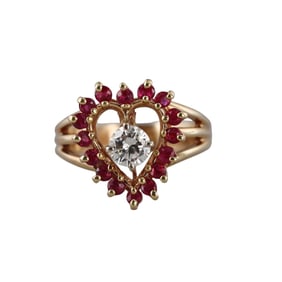 14k Gold Diamond Ruby Heart Ring