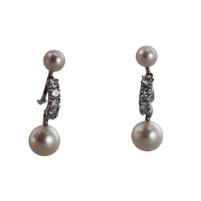 Midcentury 14k Gold Diamond Pearl Drop Earrings