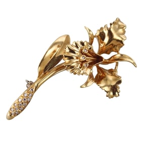18k Gold Diamond Orchid Flower Brooch Pin