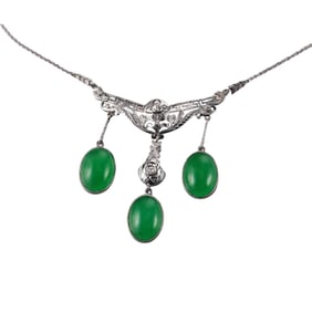 Art Deco 18k Gold Jade Diamond Pendant Necklace