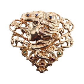 Art Nouveau Style Gold Ruby Emerald Sapphire Diamond Pendant Brooch