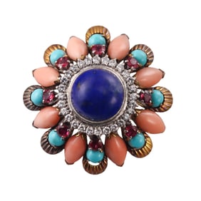 1960s 18k Gold Lapis Diamond Ruby Turquoise Coral Brooch Pendant