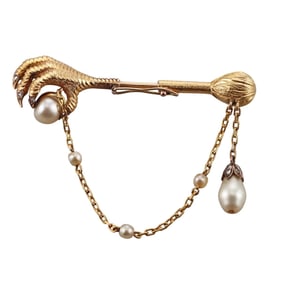 Antique 18k Gold Diamond Pearl Claw Jabot Pin