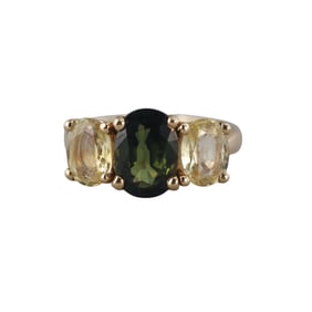 14k Gold Green Tourmaline Yellow Sapphire 3 Stone Ring