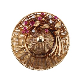 Tiffany & Co Midcentury 18k Gold Diamond Ruby Straw Hat Pendant Brooch