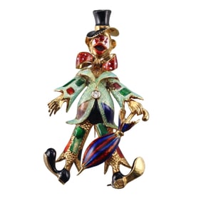 1960s 18k Gold Diamond Enamel Clown Brooch Pin