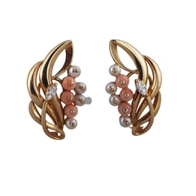 1960s 18k Gold Coral Diamond Pearl Earrings