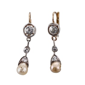 Antique 18k Gold Silver Pearl Diamond Drop Earrings