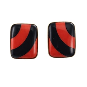 18k Gold Inlay Coral Onyx Earrings