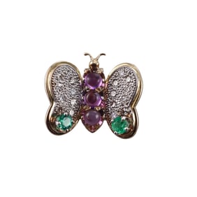 14k Gold Diamond Amethyst Emerald Butterfly Pendant