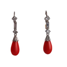 14k Gold Platinum Coral Diamond Drop Earirngs