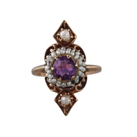 Antique Gold Seed Pearl Amethyst Ring