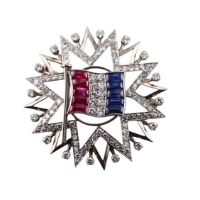 Midcentury Platinum Diamond Ruby Sapphire Flag Brooch Pin