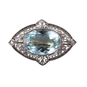 Art Deco Platinum 18.50ct Aquamarine Diamond Brooch Pin